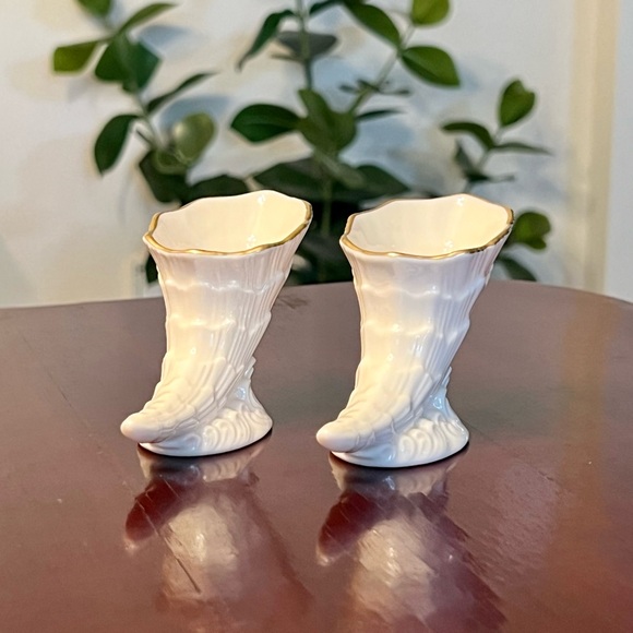 Lenox Cornucopia Mini Vases Set Of 2 Horn Of Plenty Porcelain Gold Rim 1990s 3” - Picture 3 of 9